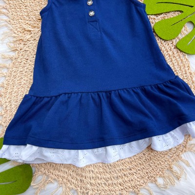 Vestido Polo em Piquet com Lese - Marinho e Branco